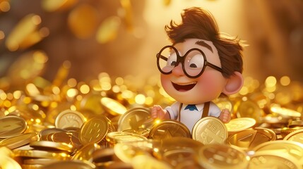 Cheerful Animated Character Surrounded by Golden Coins in a Sunlit Scene