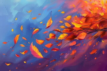 Autumn leaves flying in the wind, colorful leaves swirling through the air, autumn mood digital painting illustration.