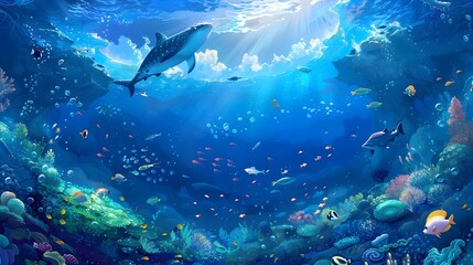 Vibrant Underwater World Majestic Whale Shark Swimming Among Colorful Coral Reefs and Marine Life in Harmony with Volcanic Formations