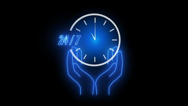 Animation of human hand holding virtual 24-7 with clock on transparent background for worldwide nonstop and full-time available contact of service. Customer service. Nonstop service 24 hrs concept.