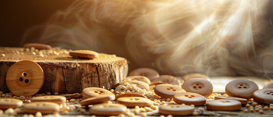 Pile of buttons, wooden button, background, decoration