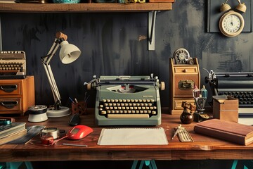 A retro-inspired work desk adorned with vintage typewriters, rotary phones, and antique desk accessories, transporting you back to a bygone era, Generative AI