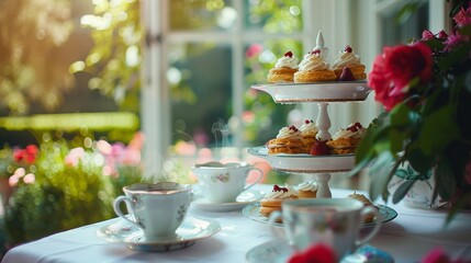 A table with a tea set and a cake stand with a variety of cakes and pastries - obrazy, fototapety, plakaty
