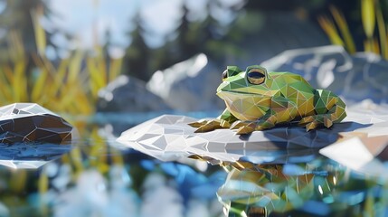 Low-Poly Frog Perched on a Rock in a Serene Pond amidst a Lush Green Habitat
