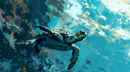 Mythical Turtle Swimming in a Constructivist Propaganda Ocean Cityscape