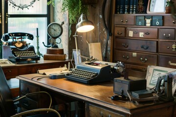 A retro-inspired work desk adorned with vintage typewriters, rotary phones, and antique desk accessories, transporting you back to a bygone era, Generative AI