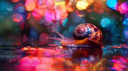 Elegant Snail Gliding on Wet Surface under Neon Lights in Versailles Gardens