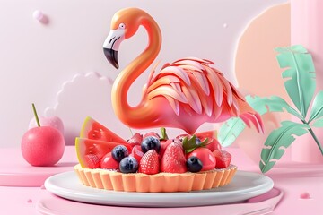 Flamingo Delight: A Fruit Tart Creation in Retro-Futuristic Studio