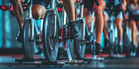 A image of an indoor cycling class in session at the gym, with participants riding stationary bikes and following the instructor's cues for a high-intensity cardio workout