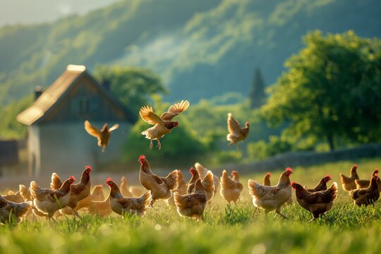 Chickens roaming and flying in rural landscape