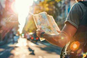 Handsome young man with map on city street. Travel concept
