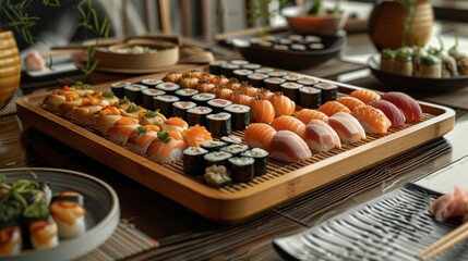 A table full of sushi and other Asian food. Scene is inviting and delicious