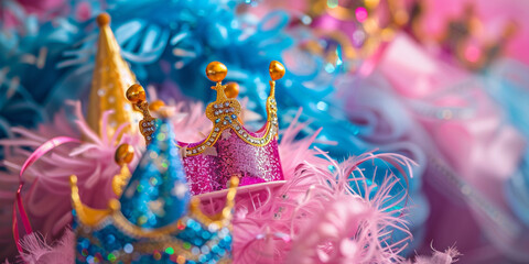 A image of birthday party hats, tiaras, and other accessories worn by guests to add fun and flair to the celebration