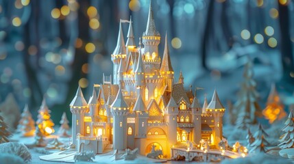 A castle made of paper is lit up with lights, giving it a warm and inviting atmosphere. The castle is surrounded by trees, adding to the wintery feel of the scene