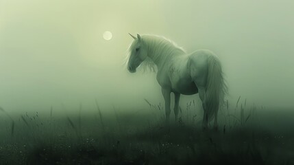 Obraz na płótnie Canvas A white horse stands in a field of tall grass. The sky is cloudy and the sun is setting. The horse appears to be looking to the left