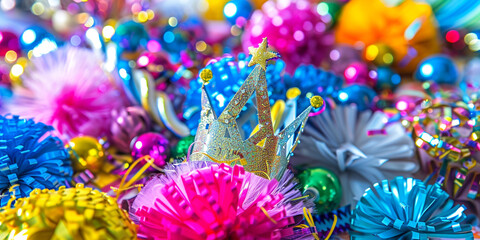 A image of birthday party hats, tiaras, and other accessories worn by guests to add fun and flair to the celebration