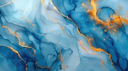 Abstract blue marble with gold lines watercolor texture