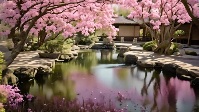 Cherry blossoms in a Japanese garden with a pond and a house, AI Generated