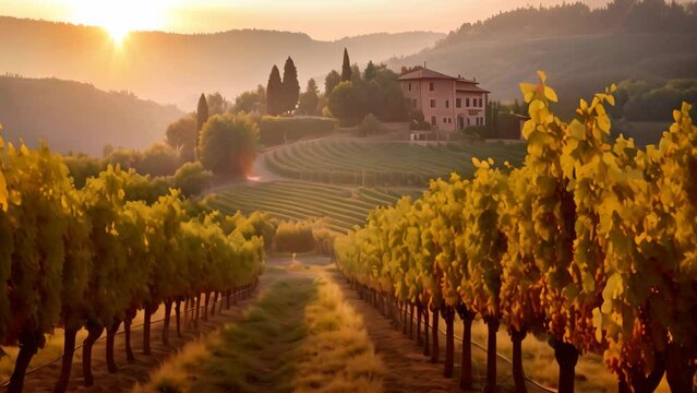 Sunset over vineyards in Chianti region, Tuscany, Italy, AI Generated