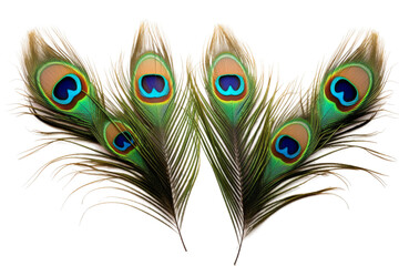 Obraz premium Two Peacock Feathers on White Background. On a White or Clear Surface PNG Transparent Background..