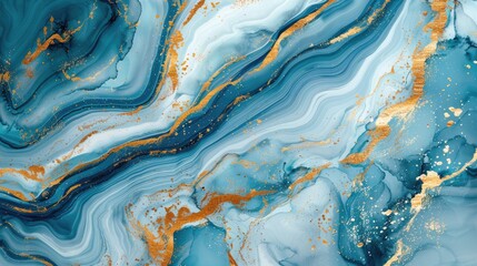 Abstract blue marble with gold lines watercolor texture