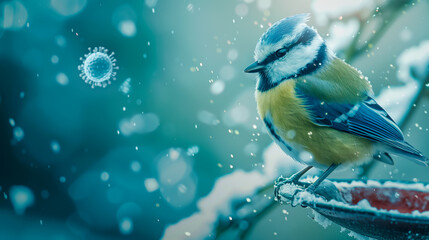 Conceptual image of bird flu and parrot fever pathogens on a wintry background with a blue tit. - obrazy, fototapety, plakaty