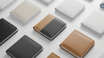 A collection of various wallets in different colors and textures neatly aligned on a bright white...