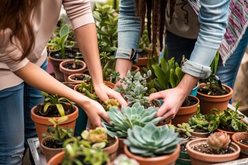 couple choosing from a collection of potted plants on a market table - obrazy, fototapety, plakaty