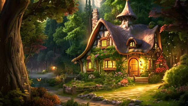 Fantasy fairy tale house in the forest. 3D illustration, AI Generated