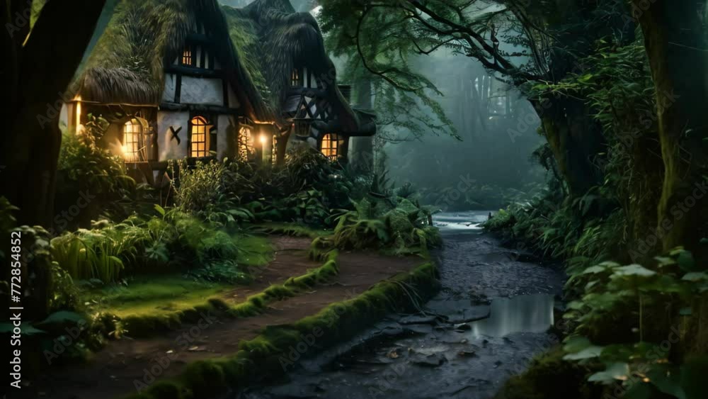 Poster Fantasy house in the forest at night with a small river, AI Generated