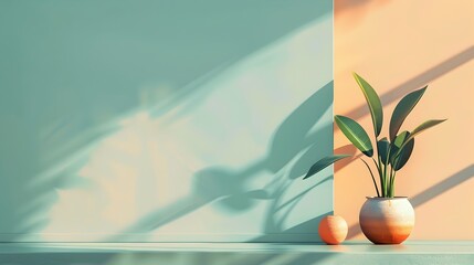 Pastel Wall with Plant Shadows in Minimalist 3D Rendering - obrazy, fototapety, plakaty