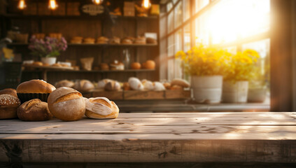 bakery table with breads and pastries on a wooden barrel with a copy space