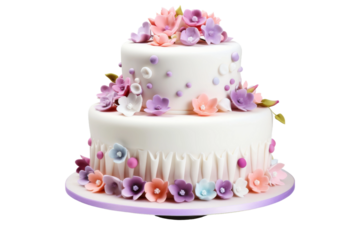 Three Tiered Cake Decorated With Flowers. On a White or Clear Surface PNG Transparent Background..