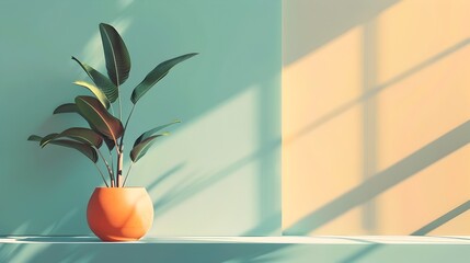 Vibrant Plant in Orange Pot Basks in Sunlight against Light Blue Wall - Minimalist Art
