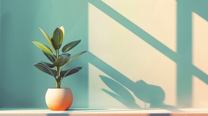 Green Plant in Orange Pot on Light Blue Background with Geometric Shadows: A Fresh Interior Design Element