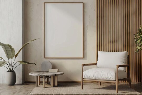Reflective glass frame mockup with vertical poster in modern living room interior, 3D render