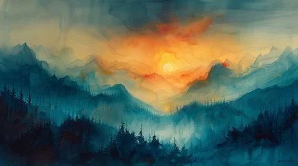 Schilderijen op glas Misty mountain landscape at sunset © iVGraphic