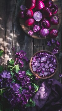Assortment of purple onions and flowers on a rustic wooden background