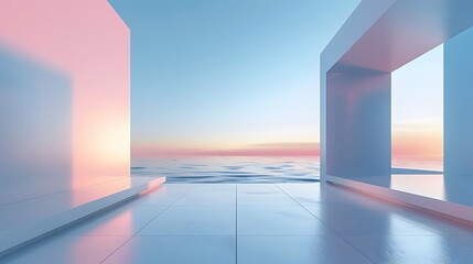 Minimalistic 3D Rendering of Dawn Overlooking the Ocean: A Serene Invitation to Coastal Life