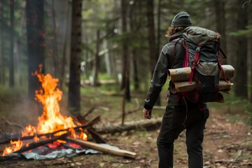 male backpacker, campfire out of control in woods - obrazy, fototapety, plakaty