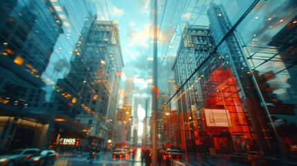 Blurred cityscape reflections on glass buildings at downtown street level - obrazy, fototapety, plakaty