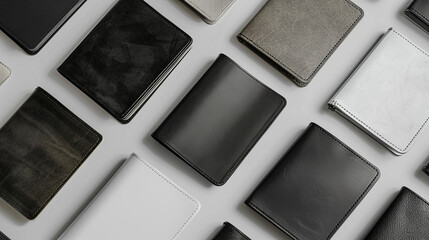Multiple wallets in different shades and finishes presented tidily on a uniform gray backdrop