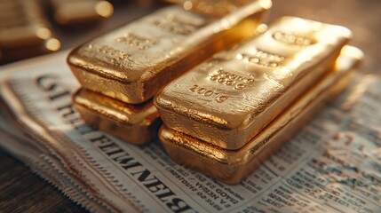 Gold bars stacked on financial newspaper showing market prices
 - obrazy, fototapety, plakaty
