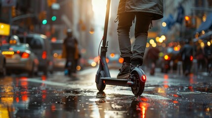 Commuter on electric scooter riding wet city street at night
 - obrazy, fototapety, plakaty