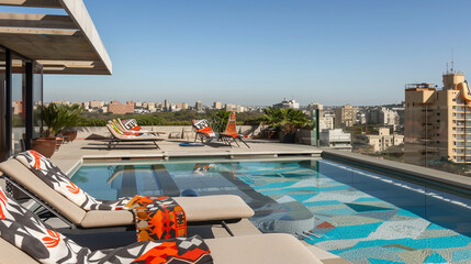 A luxury home featuring a rooftop swimming pool with panoramic views. The area is furnished with avant-garde sunbeds, each accompanied by a beach towel featuring bold, abstract designs, - obrazy, fototapety, plakaty