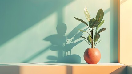 Sunlit Green Plant in Orange Vase Adorning Modern Home Entryway Shelf - obrazy, fototapety, plakaty