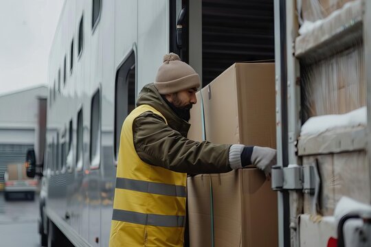 Logistics worker loading delivery truck with cardboard boxes outside retailer warehouse
