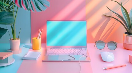 Pastel Office Accessories Adorning a 3D Rendered Laptop Mockup