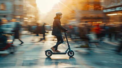 Panning motion shot of a person commuting on electric scooter in busy city


