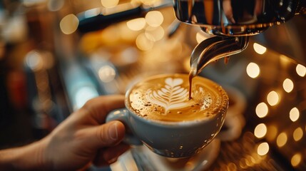 Barista crafting latte with espresso machine in cafe
 - obrazy, fototapety, plakaty